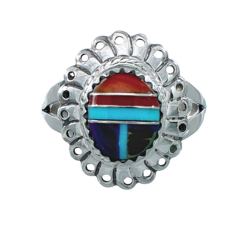 Southwestern Manmade Multicolor Inlay Sterling Silver Ring Size 8-1/4 JX130344